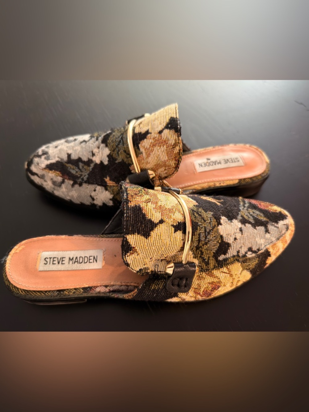 Steve Madden Floral Jacquard Mules in Gold and Black